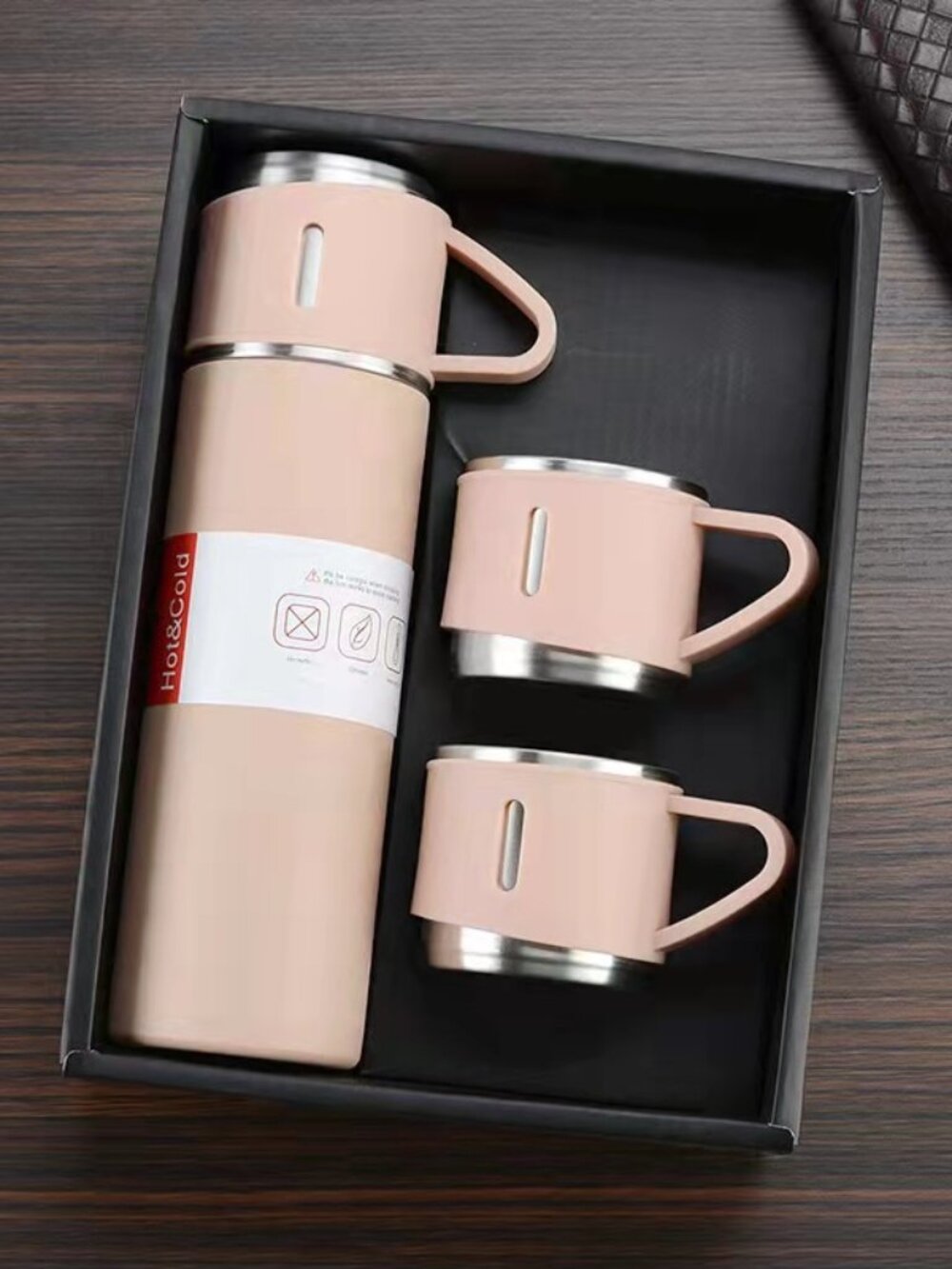 Stainless Steel Double Insulated Vacuum Flask Set w/ 3 Cups – Pink
